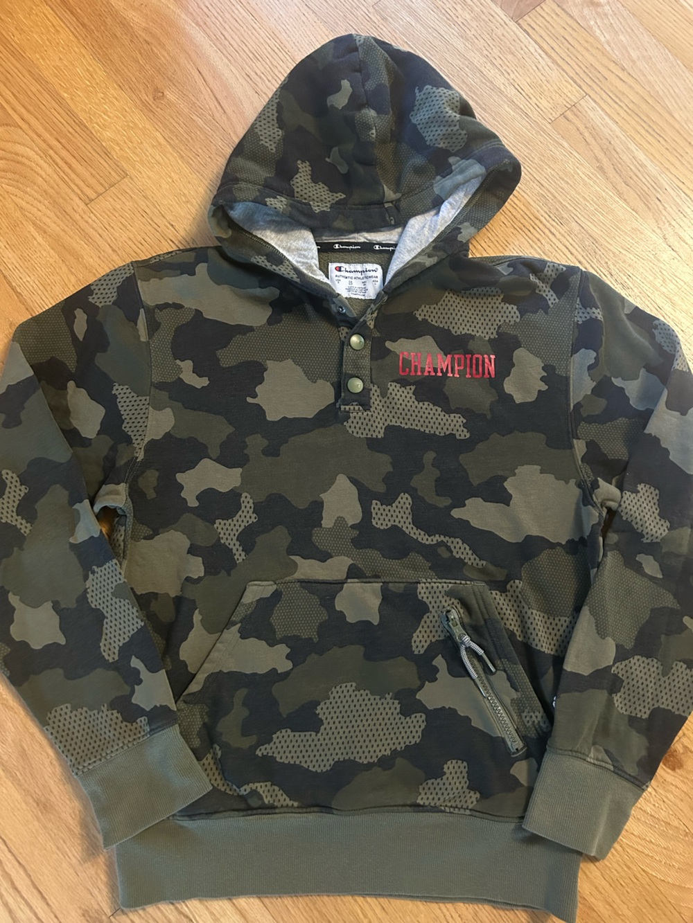 Champion Men's Camo Hooded Jacket in Olive and Black with Red Logo